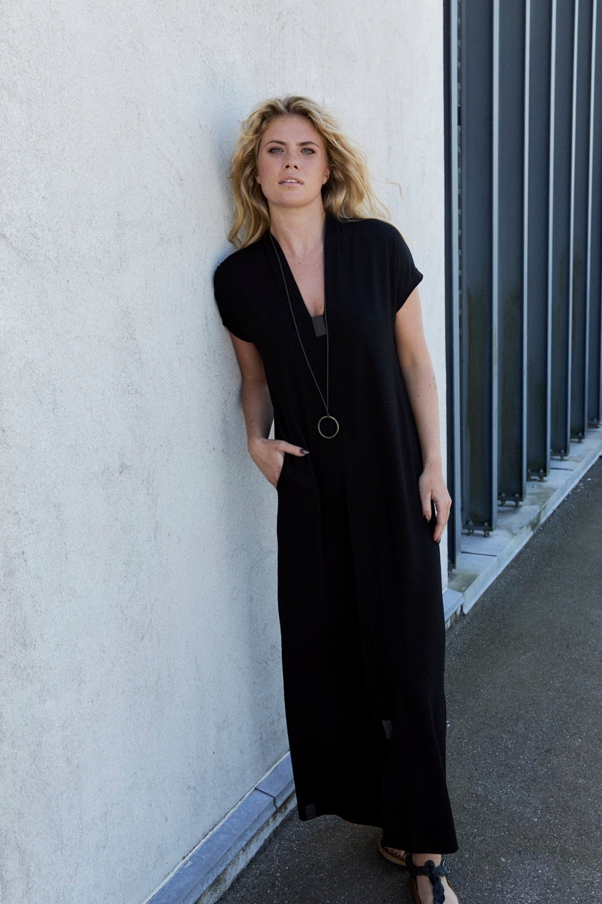 Henriette Steffensen 98067 LONG DRESS V -COLLAR, BLACK