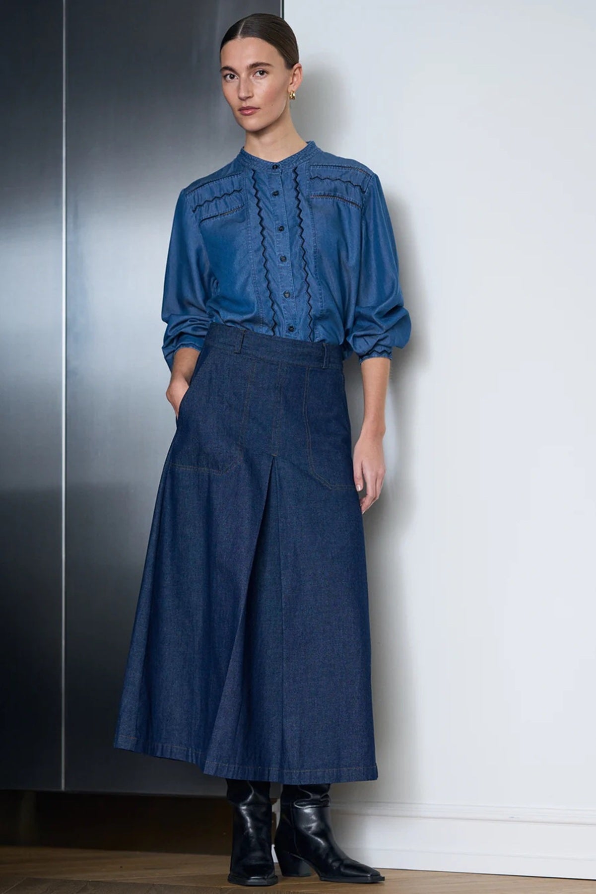Pieszak Harper Chambrey Pleat Skirt, Rinse Denim