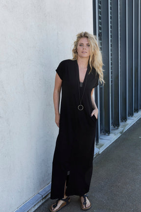 Henriette Steffensen 98067 LONG DRESS V -COLLAR, BLACK