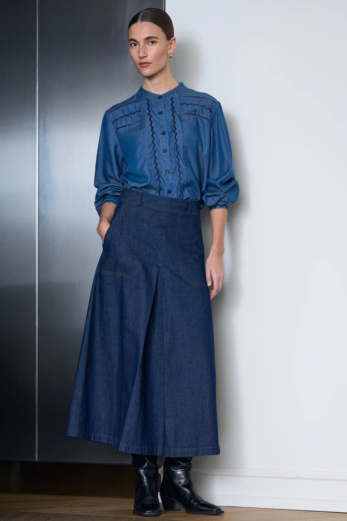 Pieszak Harper Chambrey Pleat Skirt, Rinse Denim