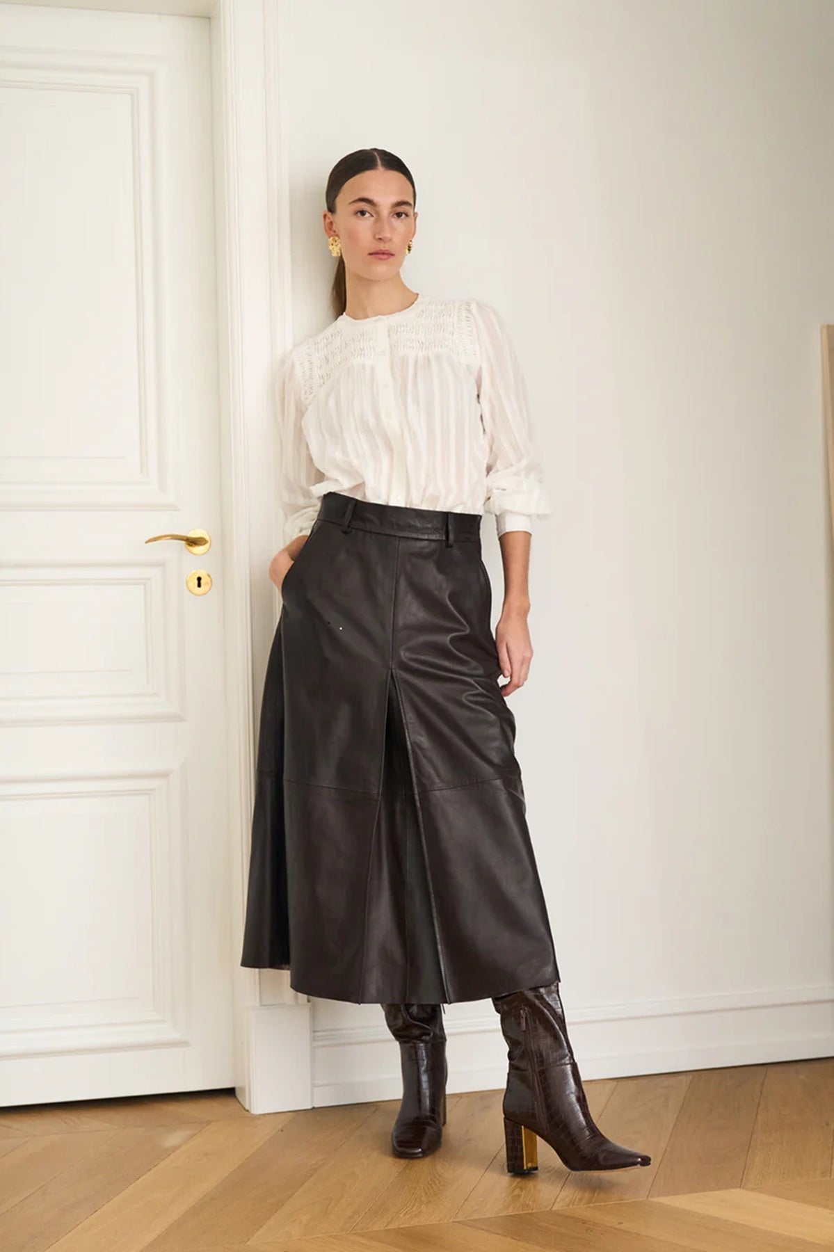 Pieszak Lanni Leather Pleat Skirt, Black Coffee